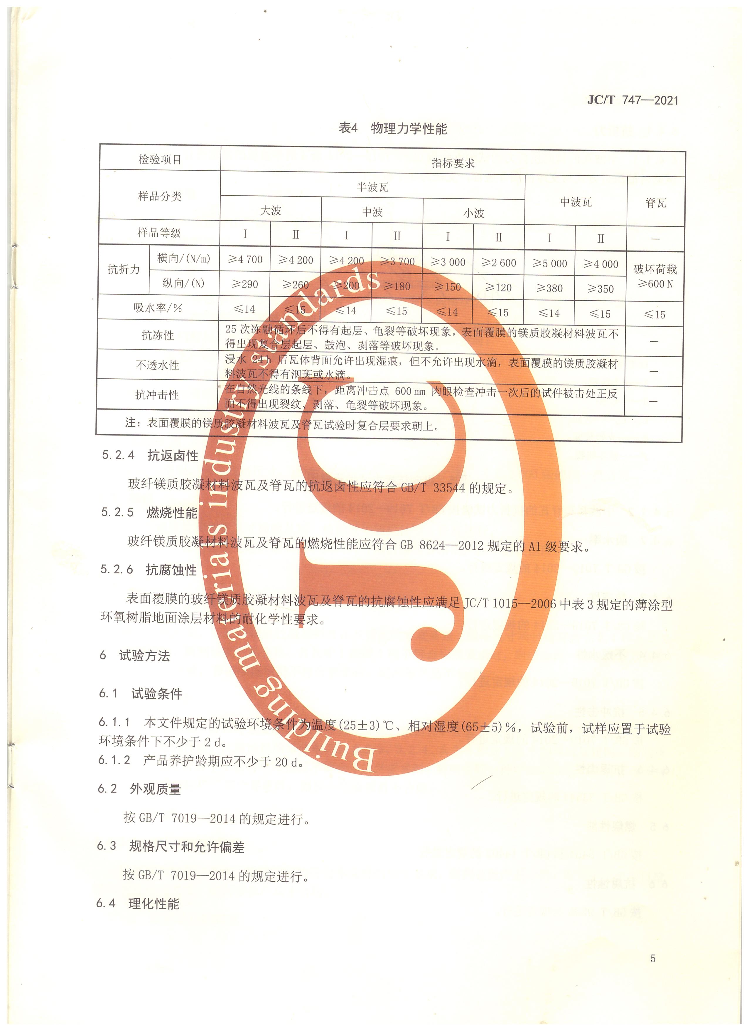 玻纖鎂質(zhì)膠凝材料波瓦及脊瓦行業(yè)標準JC/T747-2021